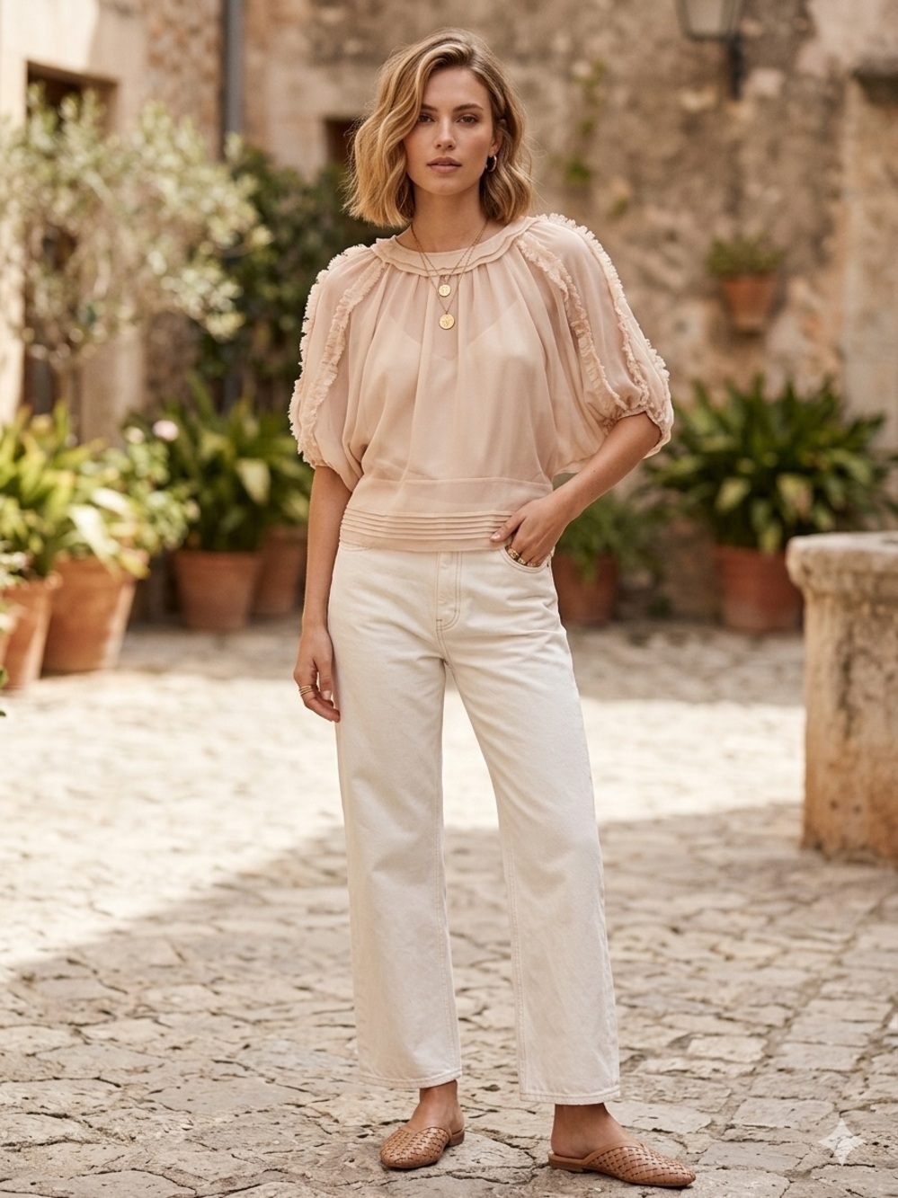 Romeo & Juliet Couture Sheer Blouson Top in Blush